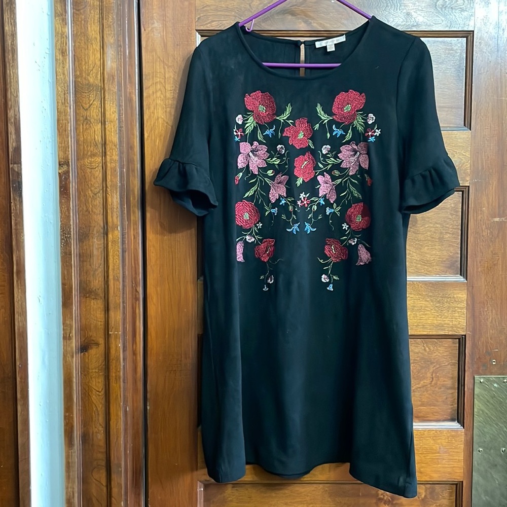 Cute almost fake velvety feel dress with flower embroidery.
